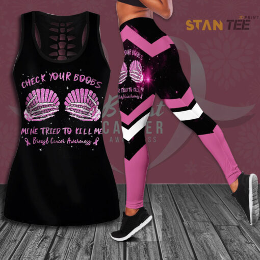 Check Your Boobs Mine Tried To Kill Me Breast Cancer Awareness 3D Hollow Tank Top Leggings