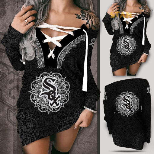 Chicago White Sox Off Shoulder Deep V Neck Lace Up Long Sleeve Pullover