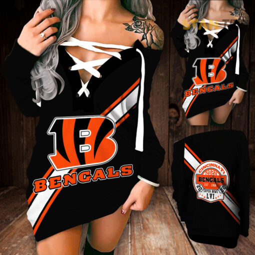 Cincinnati Bengals Shoulder Deep V Neck Lace Up Long Sleeve Pullover 01