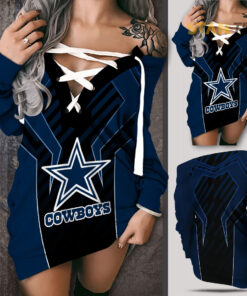 Dallas Cowboys Shoulder Deep V Neck Lace Up Long Sleeve Pullover