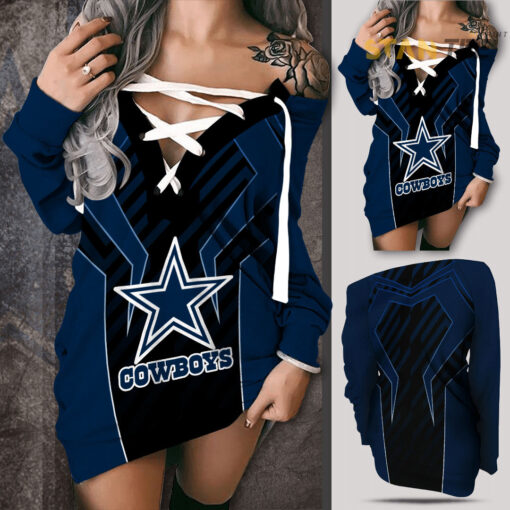 Dallas Cowboys Shoulder Deep V Neck Lace Up Long Sleeve Pullover