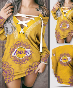 FAN designed Los Angeles Lakers LAL NBA Off Shoulder Deep V Neck Lace Up Long Sleeve Pullover