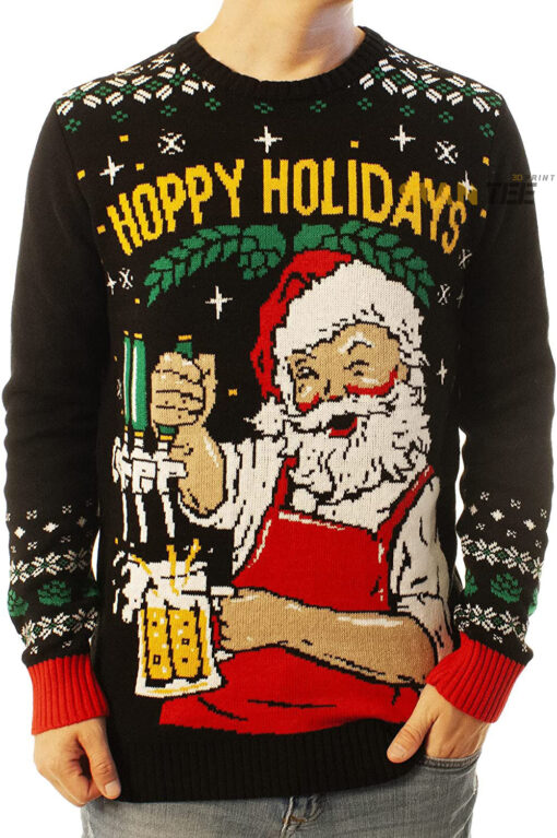 Funny Santa Hoppy Holidays Black Ugly Christmas 3D Sweater