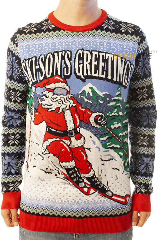 Funny Santa Skisons Greetings Blue Ugly Christmas 3D Sweater