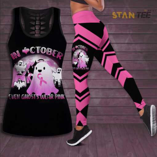 In October Even Ghost Wear Pink Breast Cancer Awareness 3D Hollow Tank Top Leggings