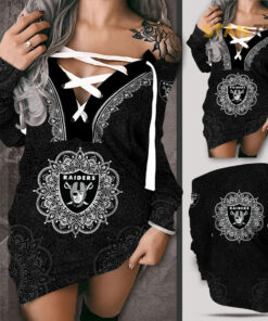 Las Vegas Raiders Shoulder Deep V Neck Lace Up Long Sleeve Pullover