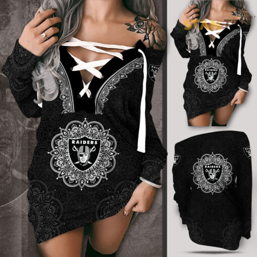 Las Vegas Raiders Shoulder Deep V Neck Lace Up Long Sleeve Pullover