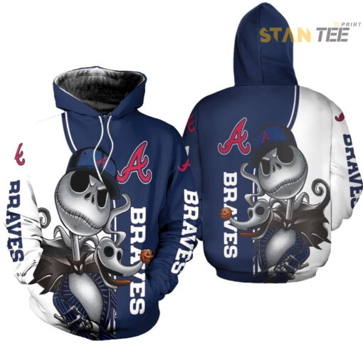 atlanta braves jack skellington and zero 3d hoodie