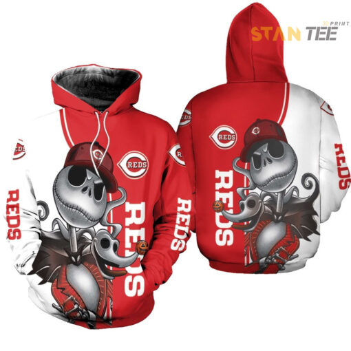 cincinnati reds jack skellington and zero 3d hoodie