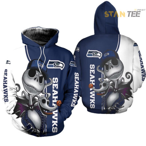 seattle seahawks jack skellington and zero 3d hoodie