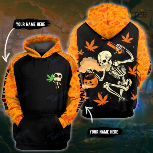 weed halloween skeleton pumpkin boong 3d hoodie