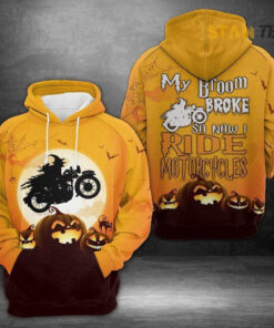 witch laughing pumpkin my broom broke so i ride motorcycles halloween black orange 3d hoodie