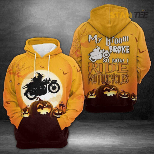 witch laughing pumpkin my broom broke so i ride motorcycles halloween black orange 3d hoodie